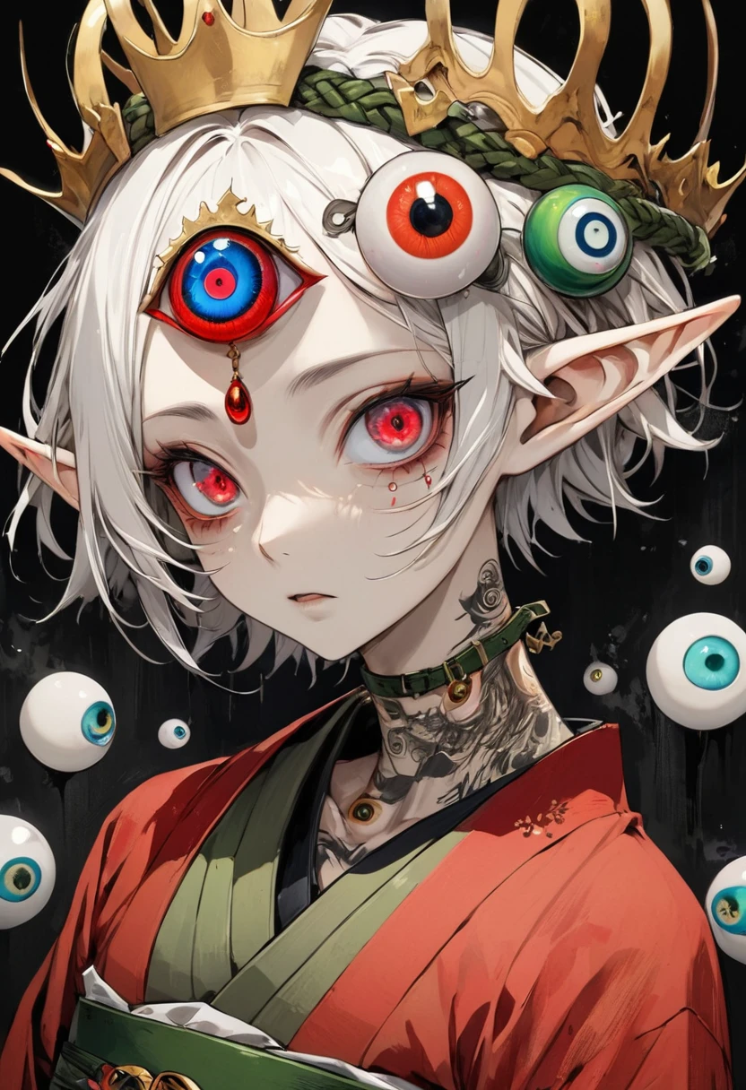 Japanese Anime,Second Dimension,Horror style,horror character,(((Three-eyed boy,独奏,third eye on the forehead,Dark eyeshadow,White short hair,Elf ears,Exaggerated golden crown-eyeball decoration))),(((Gorgeous Japanese red kimono,Eye pattern,Dark Pattern))).(((Thin waist,Green belt:1.6))).(style of santiago caruso,Tattoo on the neck),Ink smudged black background blur
