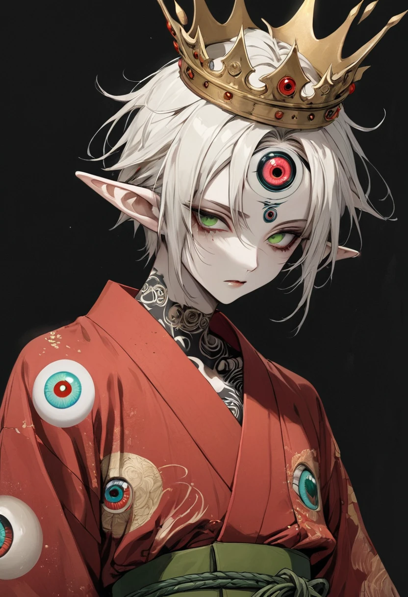 Japanese Anime，Second Dimension，Horror style，horror character，(((Three-eyed boy，独奏，third eye on the forehead，Dark eyeshadow，White short hair，Elf ears，Exaggerated golden crown-eyeball decoration))),(((Gorgeous Japanese red kimono，Eye pattern，Dark Pattern))).(((Thin waist，Green belt：1.6))).(style of santiago caruso,Tattoo on the neck)，Ink smudged black background blur
