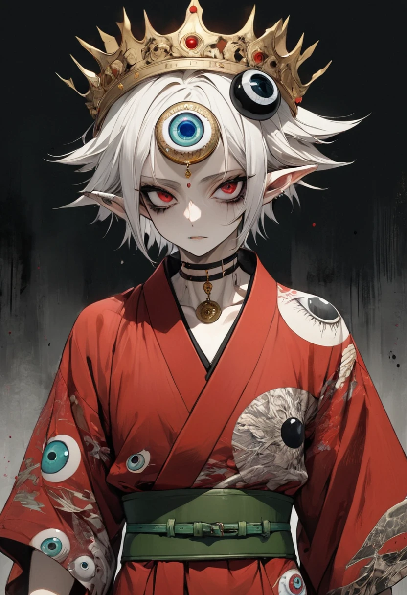 Japanese Anime,Second Dimension,Horror style,horror character,(((Three-eyed boy,独奏,third eye on the forehead,Dark eyeshadow,White short hair,Elf ears,Exaggerated golden crown-eyeball decoration))),(((Gorgeous Japanese red kimono,Eye pattern,Dark Pattern))).(((Thin waist,Green belt:1.6))).(style of santiago caruso,Tattoo on the neck),Ink smudged black background blur