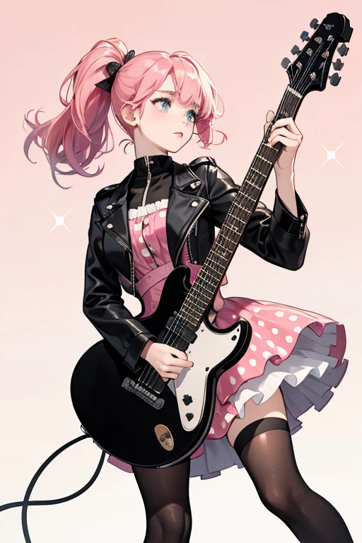 Strings has pale skin with black button eyes and pale pink cheeks. Her hair is bright red with two large curled bangs, pulled to a low, side-ponytail composed of many curls. At the center of her head is the top of a black guitar with white strings and four hot pink buttons, attached to a hot pink polka-dotted bow. At the corner of her left eye is a red marking.
Strings wears a hot pink dress with black polka dots. Over the dress is black leather jacket and tie with white lines resembling guitar strings. Her shoes are black and pale pink with a pair of short white socks and grey leggings with a tile print. SPARKLE; GLITTER