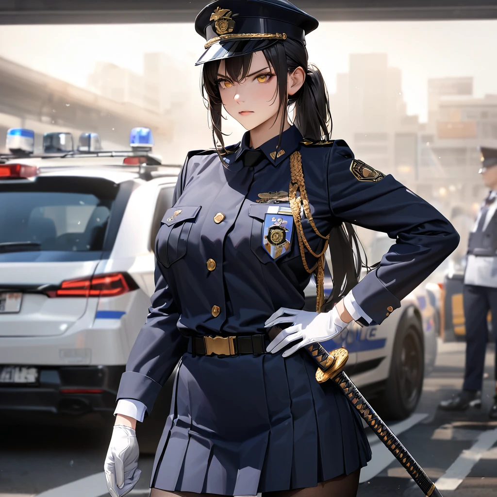 A woman wearing a navy blue Japanese police uniform, large breasts, navy blue skirt, black tights, black heels, navy blue military hat with gold details, wearing sunglasses, serious face, white gloves, with medals on her uniform, standing , in a car park next door with a police car, well detailed car, katana on the waist, black hair, long hair, ponytail hair, yellow eyes..closve view,,(solo woman) ,UHD , prime work , accurate , anatomically correct , textured skin , super details , high quality , best quality, 8k, high resolution, bokeh effect, realistic
