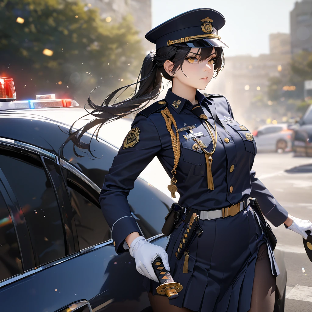 A woman wearing a navy blue Japanese police uniform, large breasts, navy blue skirt, black tights, black heels, navy blue military hat with gold details, wearing sunglasses, serious face, white gloves, with medals on her uniform, standing , in a car park next door with a police car, well detailed car, katana on the waist, black hair, long hair, ponytail hair, yellow eyes..closve view,,(solo woman) ,UHD , prime work , accurate , anatomically correct , textured skin , super details , high quality , best quality, 8k, high resolution, bokeh effect, realistic
