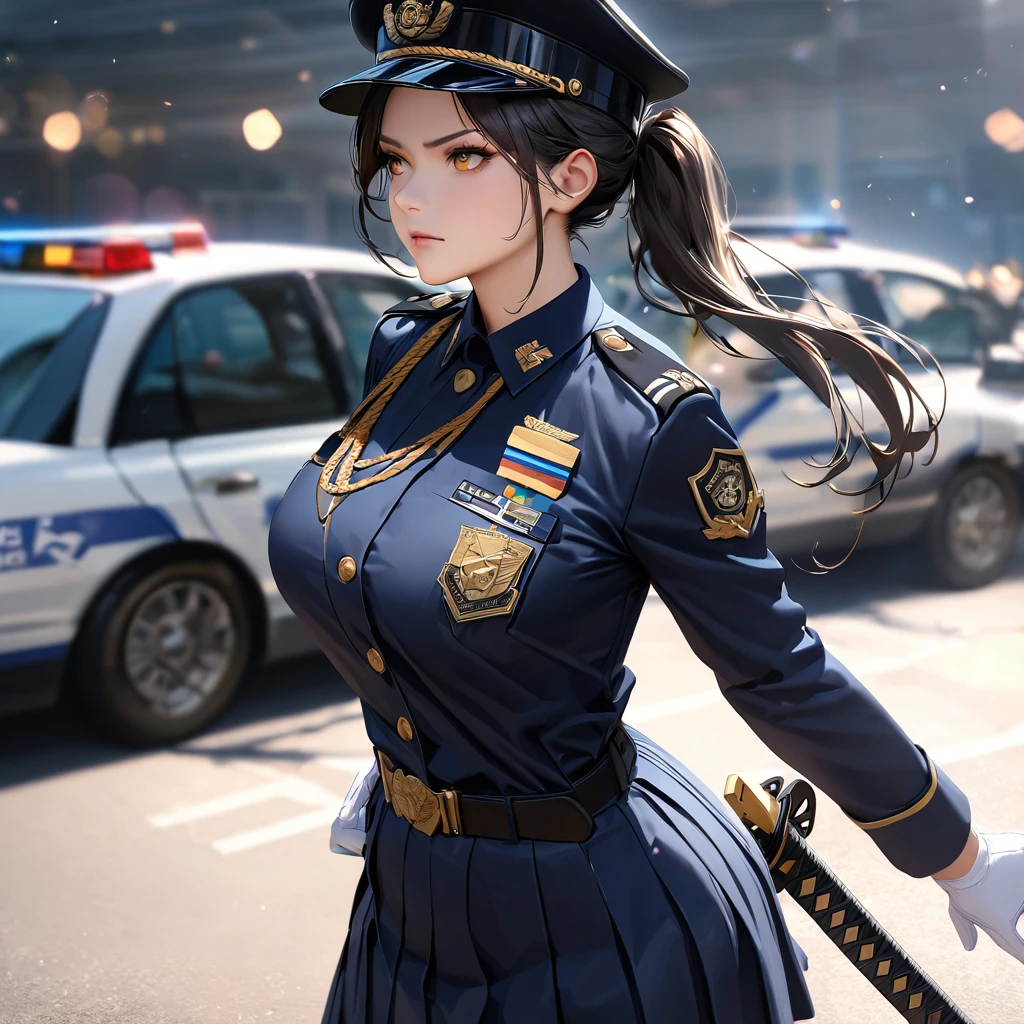 A woman wearing a navy blue Japanese police uniform, large breasts, navy blue skirt, black tights, black heels, navy blue military hat with gold details, wearing sunglasses, serious face, white gloves, with medals on her uniform, standing , in a car park next door with a police car, well detailed car, katana on the waist, black hair, long hair, ponytail hair, yellow eyes..closve view,,(solo woman) ,UHD , prime work , accurate , anatomically correct , textured skin , super details , high quality , best quality, 8k, high resolution, bokeh effect, realistic
