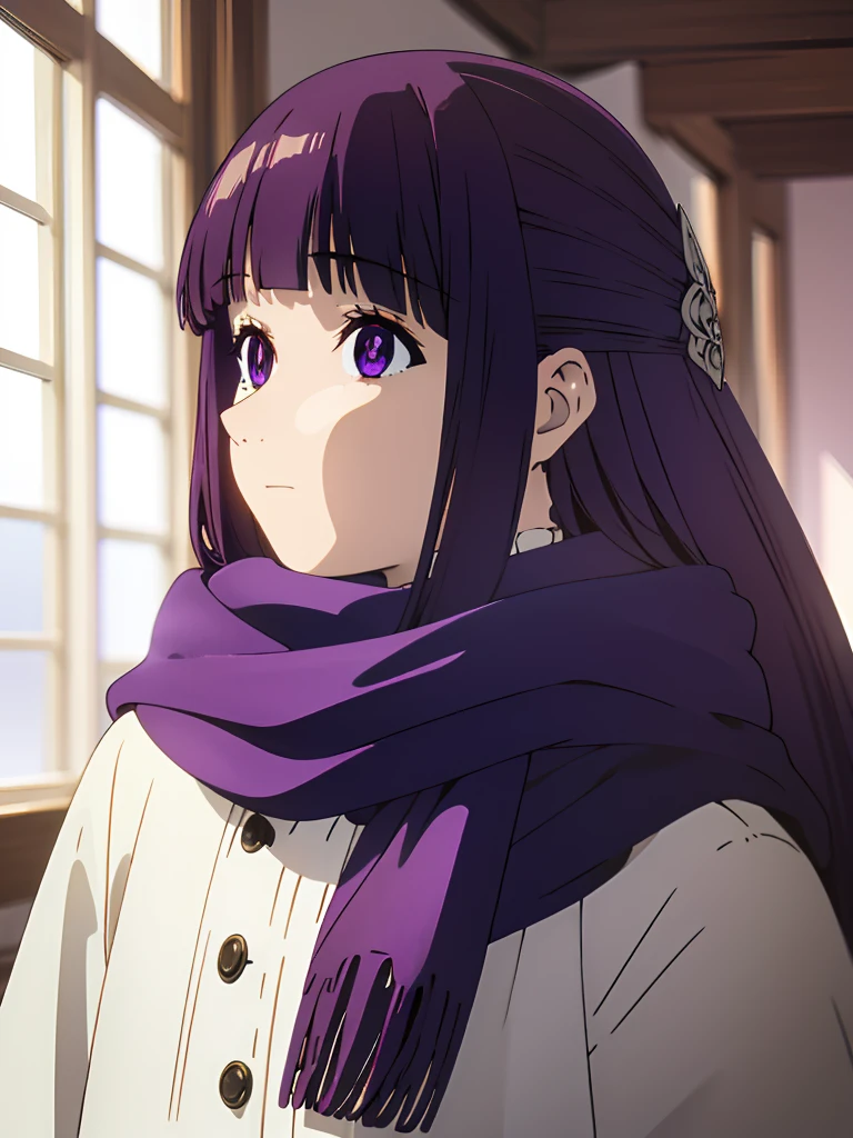 (masterpiece:1.0),(best_quality:1.0), ultra high res,4K,ultra-detailed, photography, 8K, HDR, highres, solo, (fern_sousounofrieren:1.10), 1girl, hair ornament, profile, from side, purple scarf, closed mouth, blue scarf, looking ahead, blurry background, coat, indoors, anime_style, 2