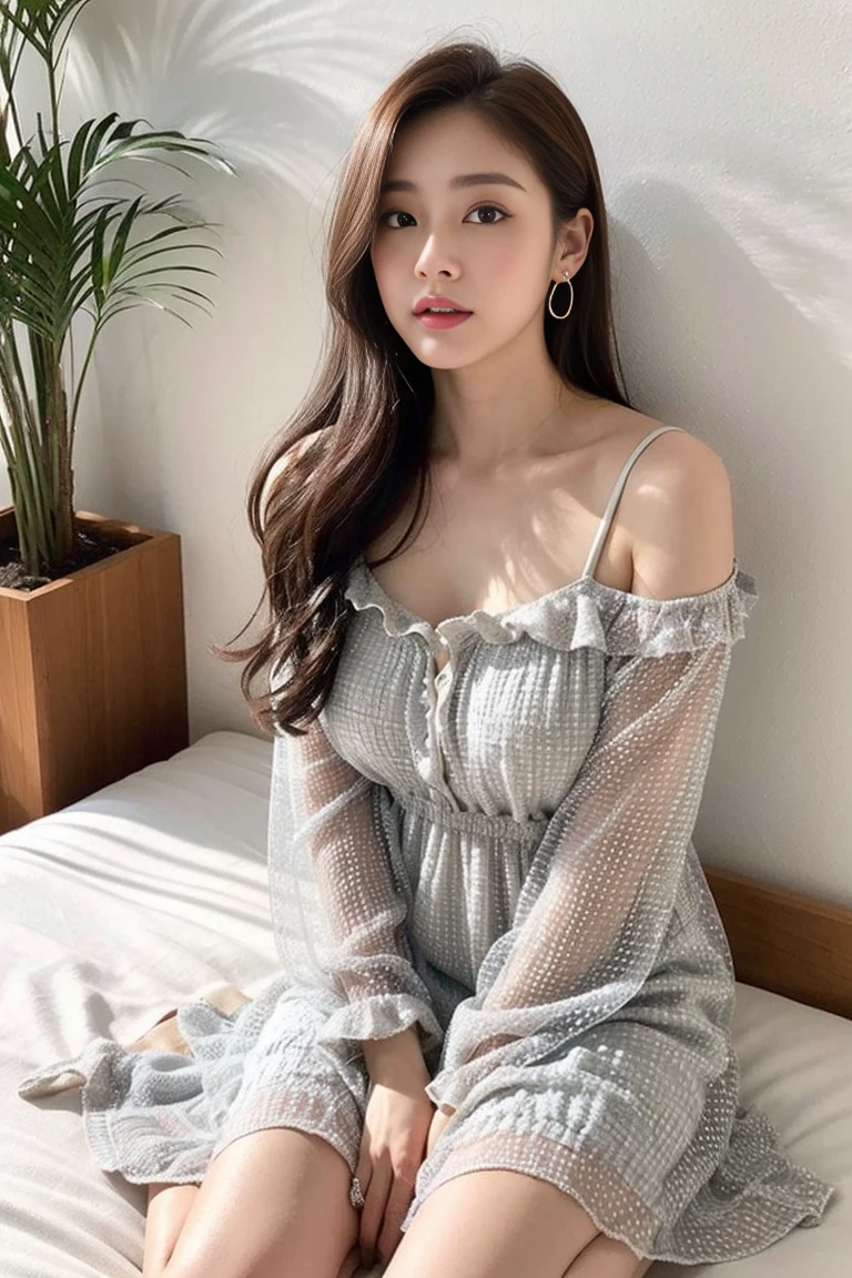 Dark brown hair、Light brown eyes、Japanese actress、 Lady、I am about 40 years old...、(Intricate details:1.2)、(Which is higher???:1.4)、 (Ultra-high resolution:1.2)、Ultra-high resolution、(fine adjustment)、(Detailed facial features)、Hmph、8k解像度、D cup size breasts、Long Hair、Large windows、Extravagant space、relax、、,Full body photo、Head to toe shot、Beautiful feet、Camisole dress、Beautiful feet、A refreshing, sunny bedroom、On the bed、she, household items,   (plant:0.8), Fashion Hub, Extremely detailed, Very detailed, Realistic, Hourglass Shaped Body, Obscene pose,、、私 cry a lot、tears、person on the left、White wall、White floor、diagonally from below、please lift your chin、Put your butt against the wall、relaxした表情、Pose of Weakness、(auraroid photo:1.2)、From outside the window、Transparent painting、8k、32k、Highest quality、(Details of both eyes)、1 girl、elegant、(Loose dress :1.4)、sunset、sit、(Low - Angle、I looked up and saw this:1.2)、Hilarious、Leaning against a wall、Looking into the camera、