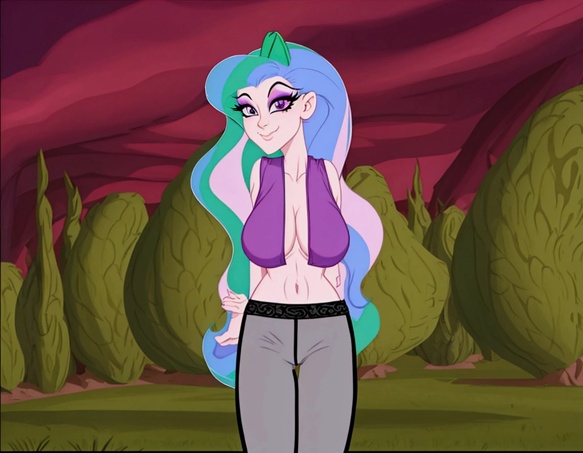 cartoon of a woman with long hair and a purple top, doing a hot majestic pose, windy mane, serpentine pose, cell shaded adult animation, she has purple hair, anthropomorphic mare, her hair is in a pony tail, furr covering her chest, she has pale blue skin!!!, dramatic smirk pose, distant full body shot, sie boob