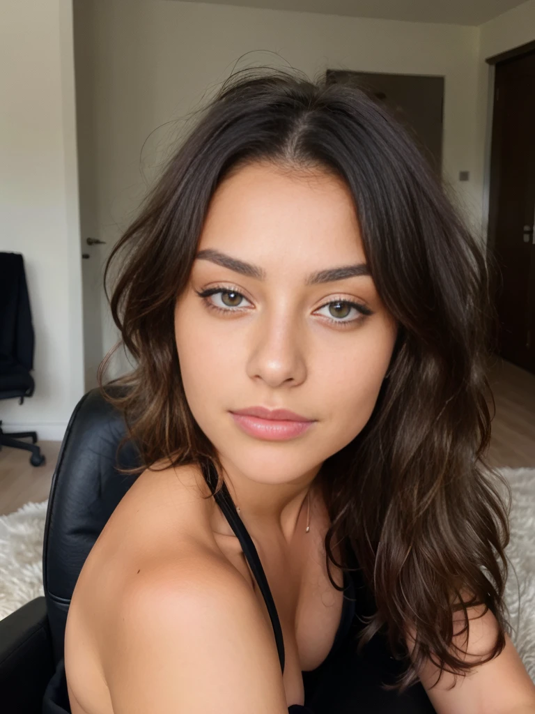 Pretty beautiful brunette très sexy, (black har) (sur une chaise), Low cut, very detailed, 18 ans, Visage innocent, naturally wavy hair, yeux verts, high resolution, head of'ouvrages d'art, best quality, intricate details, very detailed, mise au point nette, detailed skin, texture de peau realistic, texture, detailed eyes, professionnel, 4K, charming smile, prise avec Canon, 85 millimeters, slight depth of field, Kodak Vision Color, corps parfaitement ajusté, extremely detailed, Photograph_\(ultra\), photographiquerealistic, realistic, Post-traitement, Maximum details, roughness, real life, ultrarealistic, photorealism, photographie, 8k uh, photographie