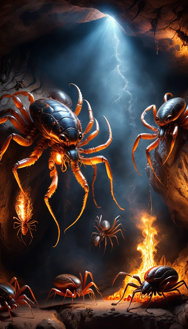 Aliens eating scorpions in a fiery cave, cave drawings on the cave walls, spiders hanging from the ceiling, Hyperrealism, UHD, accurate, anatomically correct, super detail, high details, high quality, 8k, award winning