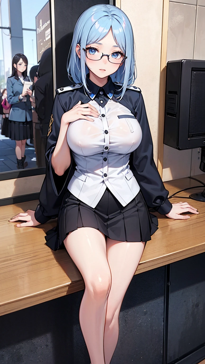 Create an anime-style illustration of a named Shizuka. She has long, straight, blue hair with bangs cut straight across her forehead. She has large, almond-shaped silver-blue eyes and porcelain-like white skin. Shizuka often wears glasses.Super big breasts、(Highest quality:1.4), (super high quality), (Very detailedな), 1 beautiful girl, So cute, (Very large breasts:1.1), (Slender body:1.1), (thin and delicate legs), Real skin texture, (Drop your bangs to the side), Bright and shiny lips, Advent of the Beautiful Goddess, Beautiful background, Golden Ratio, Conceptual Art, Very detailed, Accurate, Advanced Details,, Sexy Art, In nature、Ultra-detailed illustration details, 8K wallpapers incorporating highly detailed CG, , (Nipple protrusions push up the uniform),A tight, plain white T-shirt、Pleated mini skirt