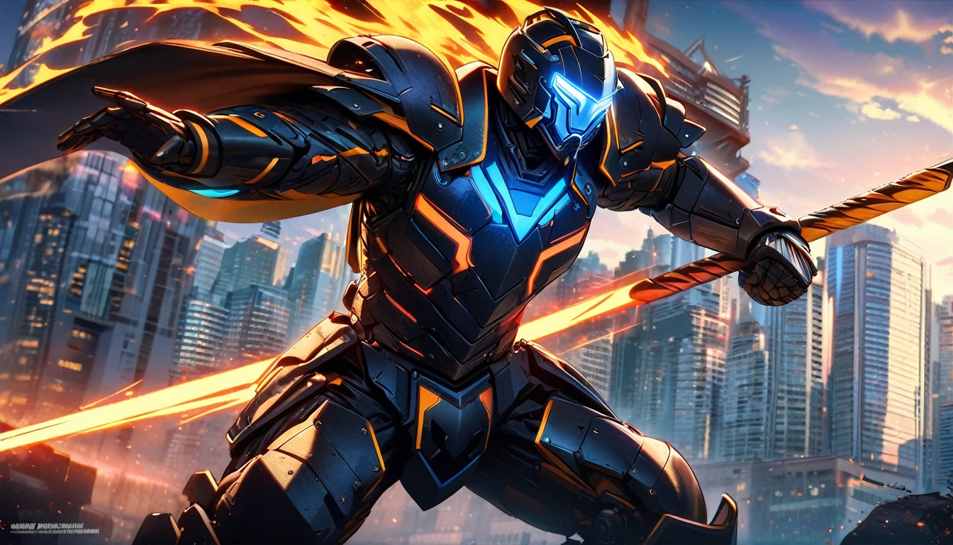 Large Mech-like suit standing, Downtown Vancouver, high-quality artwork, vibrant colours, detailed metal armour, intense lighting, cityscape background, heroic pose, dramatic shadows, carbon fibre black suit with red and yellow stripe highlights, dynamic motion, hockey goalie faceplate, hockey goalie helmet, epic superhero