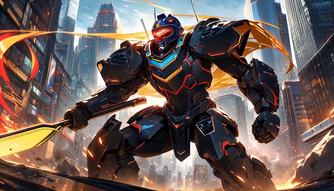 Large Mech-like suit standing, Downtown Vancouver, high-quality artwork, vibrant colours, detailed metal armour, intense lighting, cityscape background, heroic pose, dramatic shadows, carbon fibre black suit with red and yellow stripe highlights, dynamic motion, hockey goalie faceplate, hockey goalie helmet, epic superhero