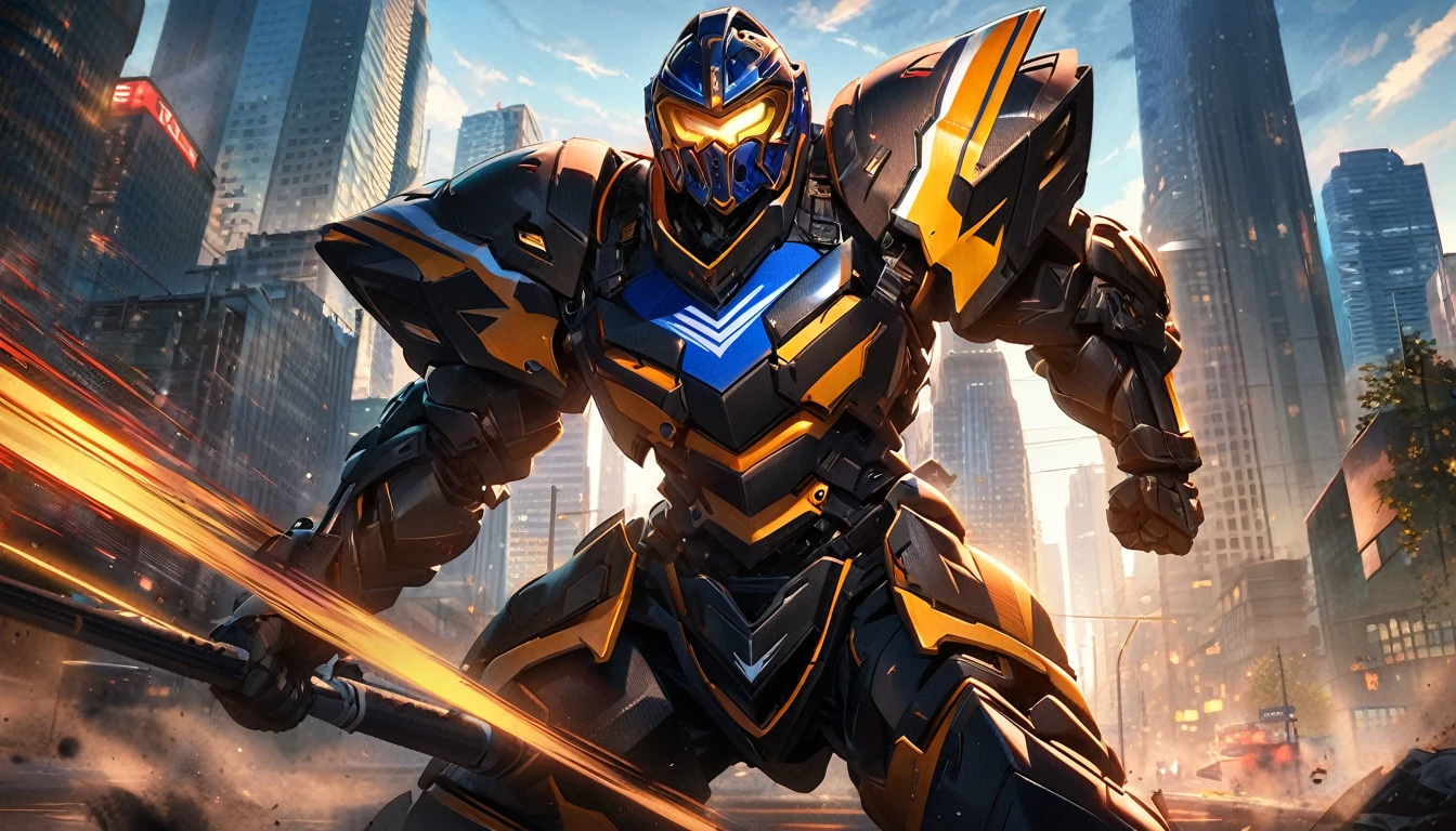 Large Mech-like suit standing, Downtown Vancouver, high-quality artwork, vibrant colours, detailed metal armour, intense lighting, cityscape background, heroic pose, dramatic shadows, carbon fibre black suit with red and yellow stripe highlights, dynamic motion, hockey goalie faceplate, hockey goalie helmet, epic superhero