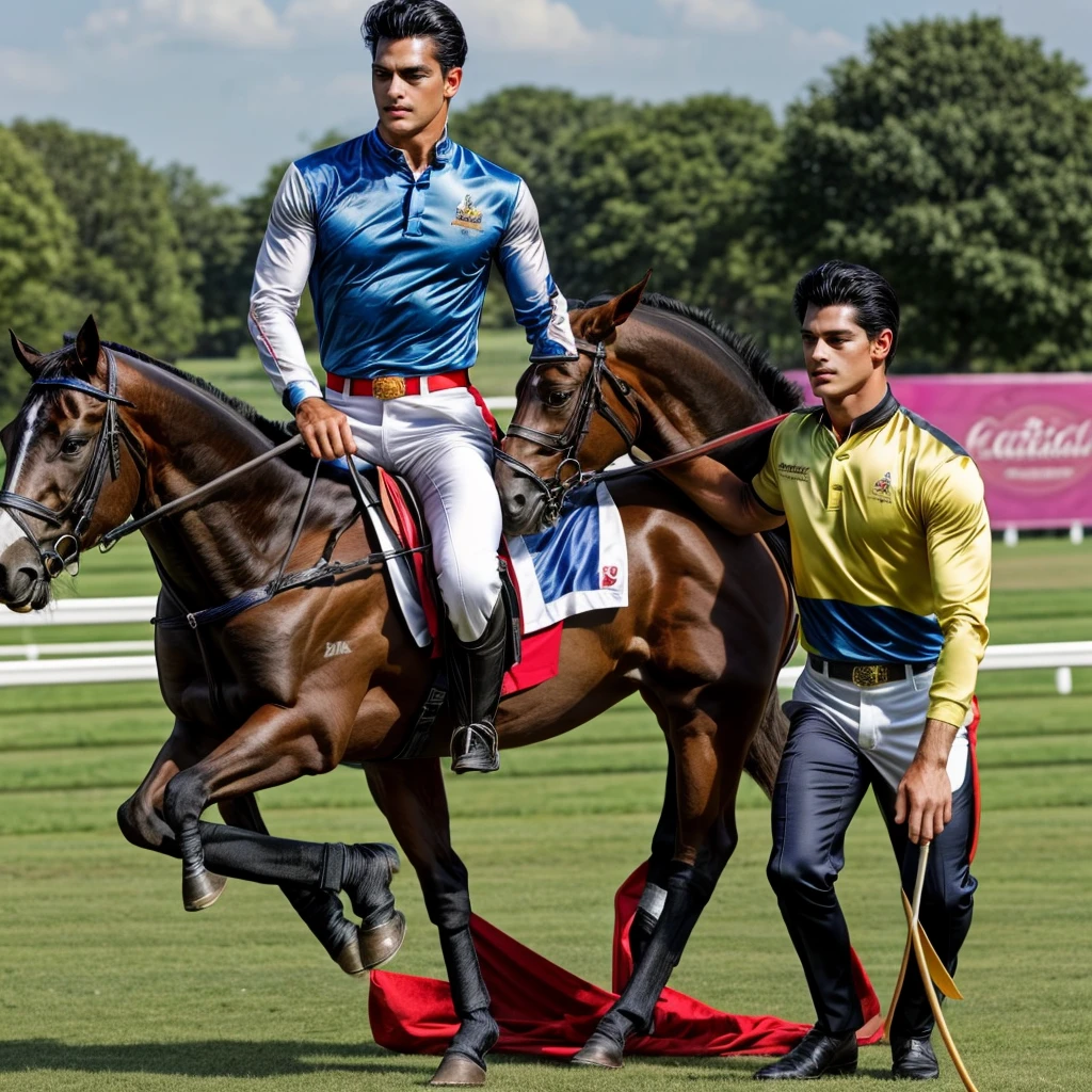Create a muscular, attractive, black hair with somewhat tan skin, racing silks outfit with bright and colorful colors inspired by polo men. Black horse in the background