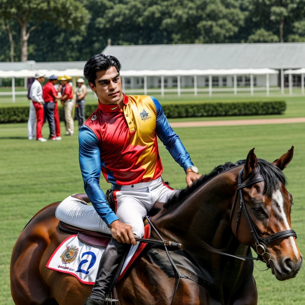 Create a muscular, attractive, black hair with somewhat tan skin, racing silks outfit with bright and colorful colors inspired by polo men. Black horse in the background
