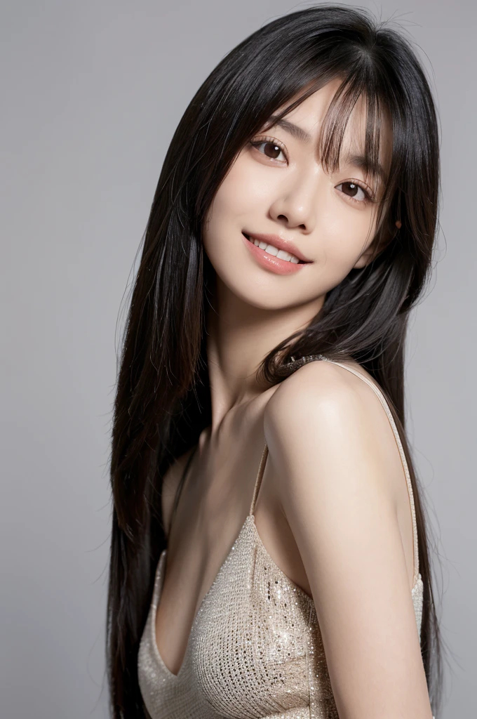 1girl,solo,smile,happy:1,long straight hair,straight bangs,look at viewers,brown eyes,looking at viewer,in studio,pure grey background,detailed skin,detailed face,studio light,parted lips,lips,bare shoulders,(black hair),(close up),messy hair,