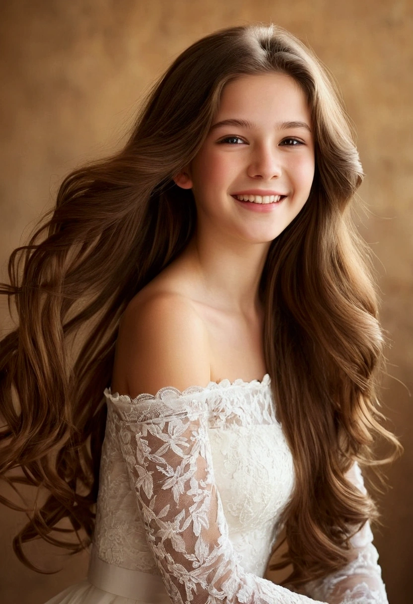 ((best quality))(White) girl, ((beautiful)) and ((Happy)), ((Brown hair)) and ((Long hair)).