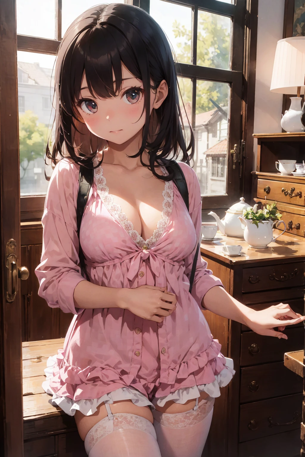 (masterpiece),High precision,1.7,Young body shape,Black Hair,Flat Chest,Pink areola,Erect nipples,,Natural light, Realistic, Diffuse Light, Shortcuts, (Pink Blouse 1.3), Blue-green checkered flared skirt,White frilly lace bloomers,(Embarrassing),(Antique furniture)).During tea time,
