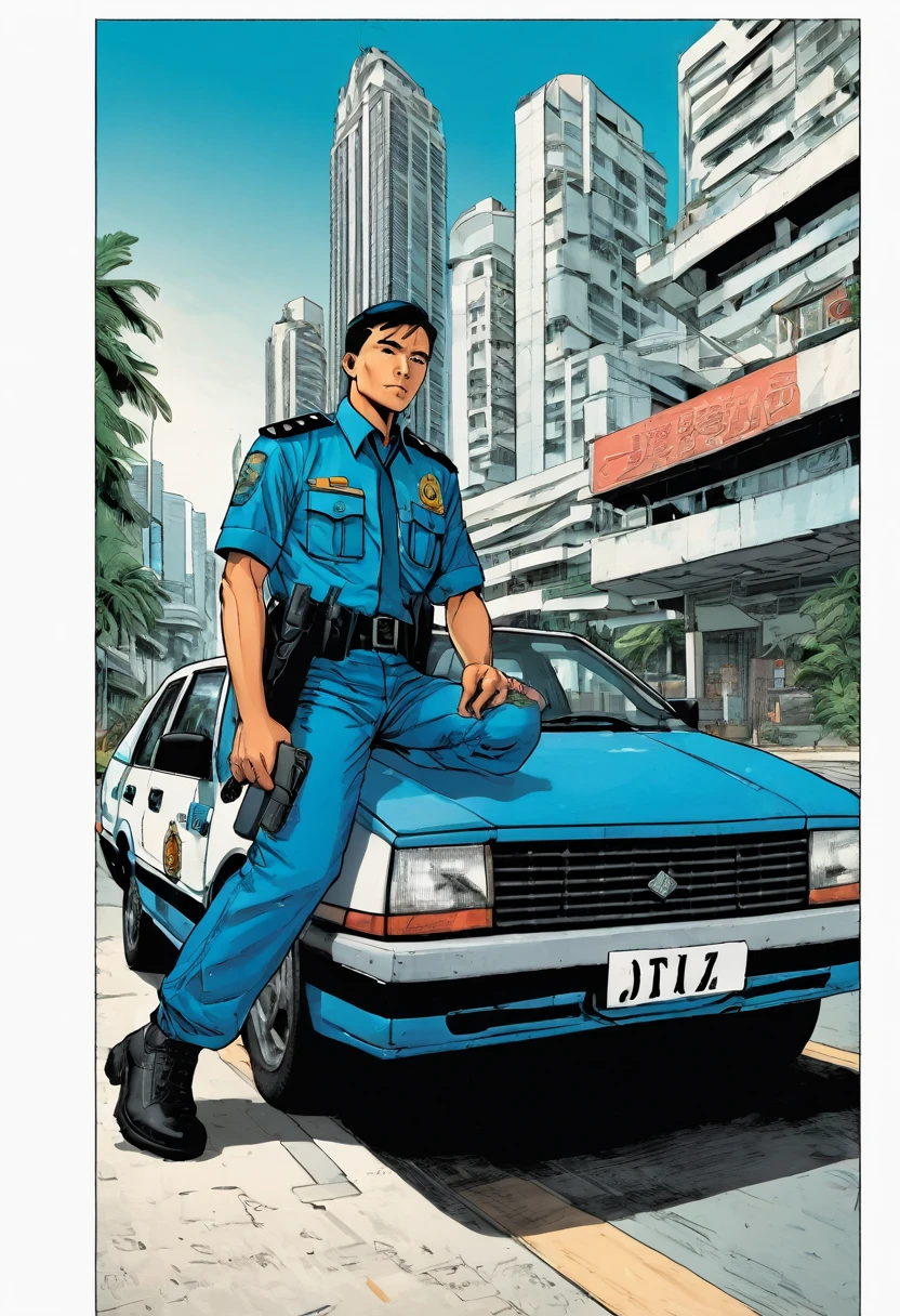 a comic book cover, 1990's comic illustration style. Titled written "DETEKTIF AZMAN" a Malay man, wearing a Malaysia Police uniform. Leaning on a blue sedan, brand Proton Saga. background of Kuala Lumpur city street.