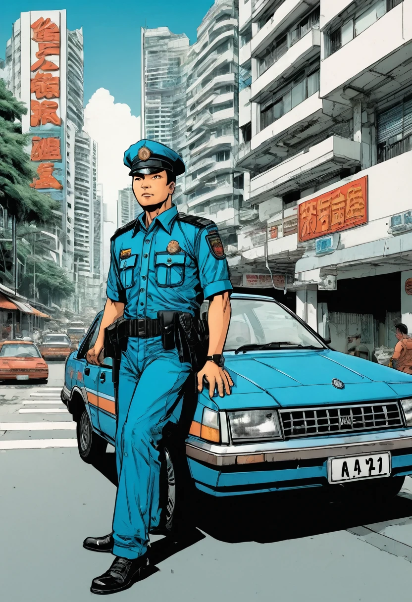 a comic book cover, 1990's comic illustration style. Titled written "DETEKTIF AZMAN" a Malay man, wearing a Malaysia Police uniform. Leaning on a blue sedan, brand Proton Saga. background of Kuala Lumpur city street.