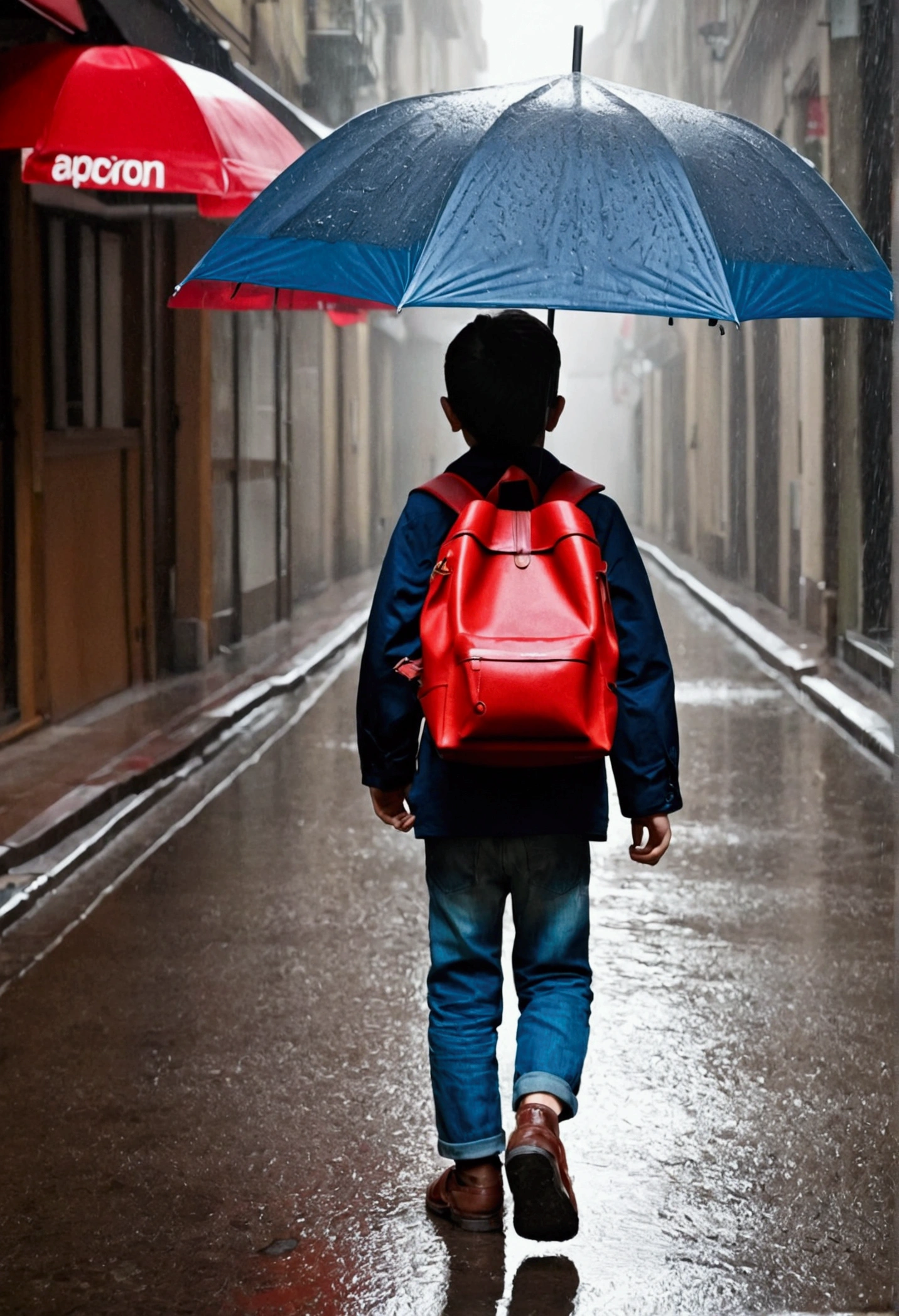 Le garçon, maintenant portant un sac à dos, court à travers une rue animée sous la pluie, tandis que la fille, sous un parapluie, l'appelle. Le garçon se retourne, prêt à être là pour elle à tout moment.