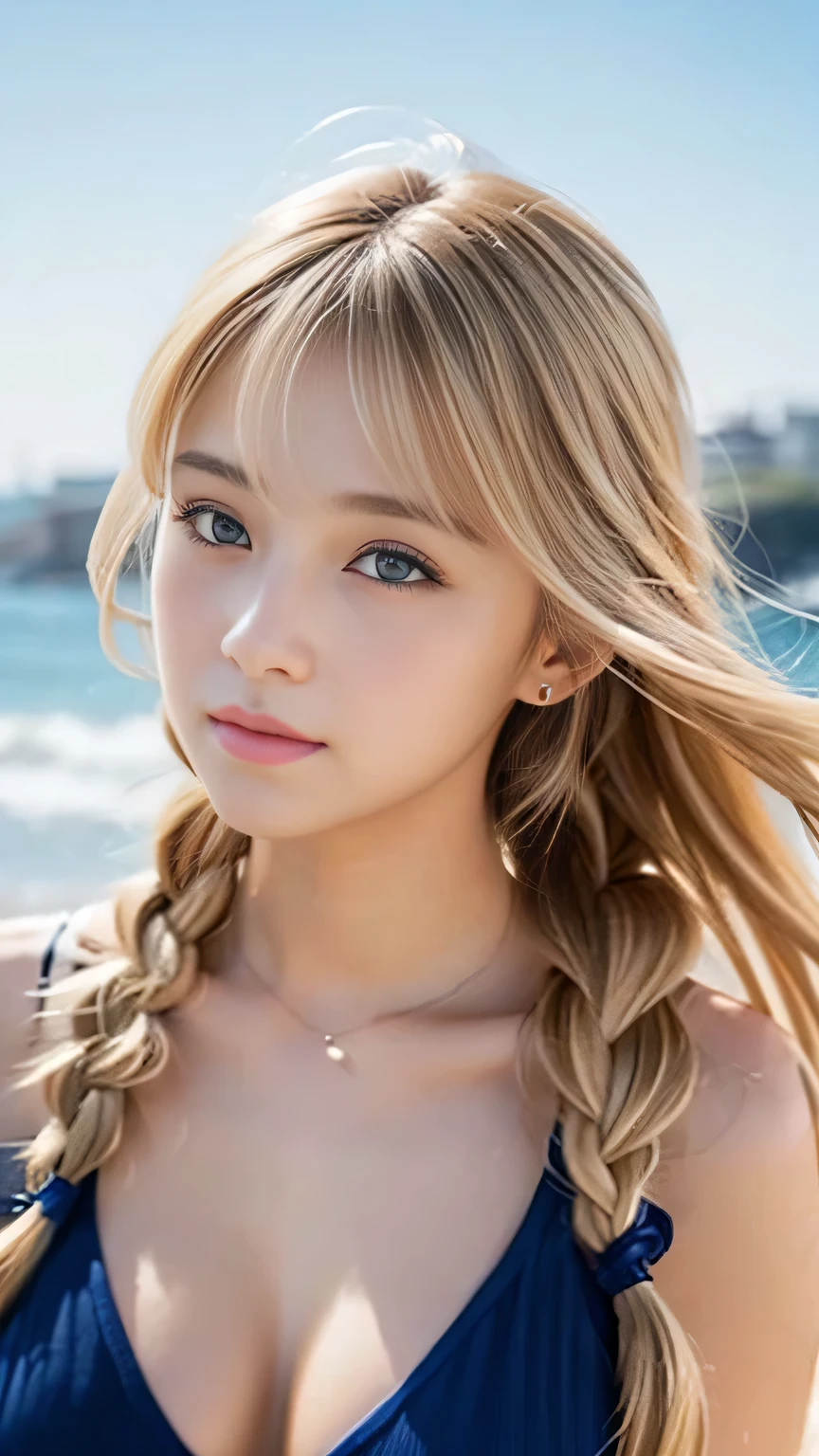 Sexy Big 、Sexy cute looks and cute 15 year old beautiful girl, beautiful and sexy face、A strong wind blows my hair in front of my face、beautiful long blonde French braided hair、beautiful, Cute and sexy eyes hidden behind long bangs