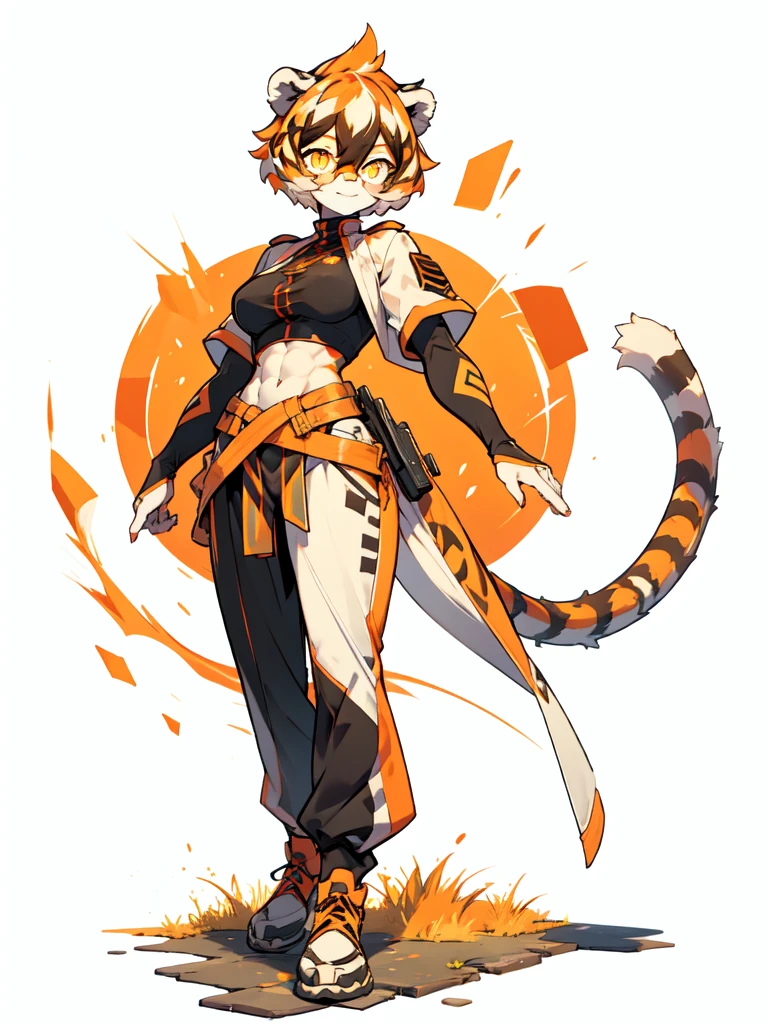 white background, full body,1girl,solo, Standing, animal ears, white hair, black hair, short hair, large breasts, Abdominal muscles,, tail, orange eyes, orange hair, multicolored hair, tiger girl, hair between eyes, tiger_ears, tiger_tail, orange-tinted_eyewear, tinted_eyewear, big breasts, evil smile, Shadows under feet, (((soldier outfit:1.2))),