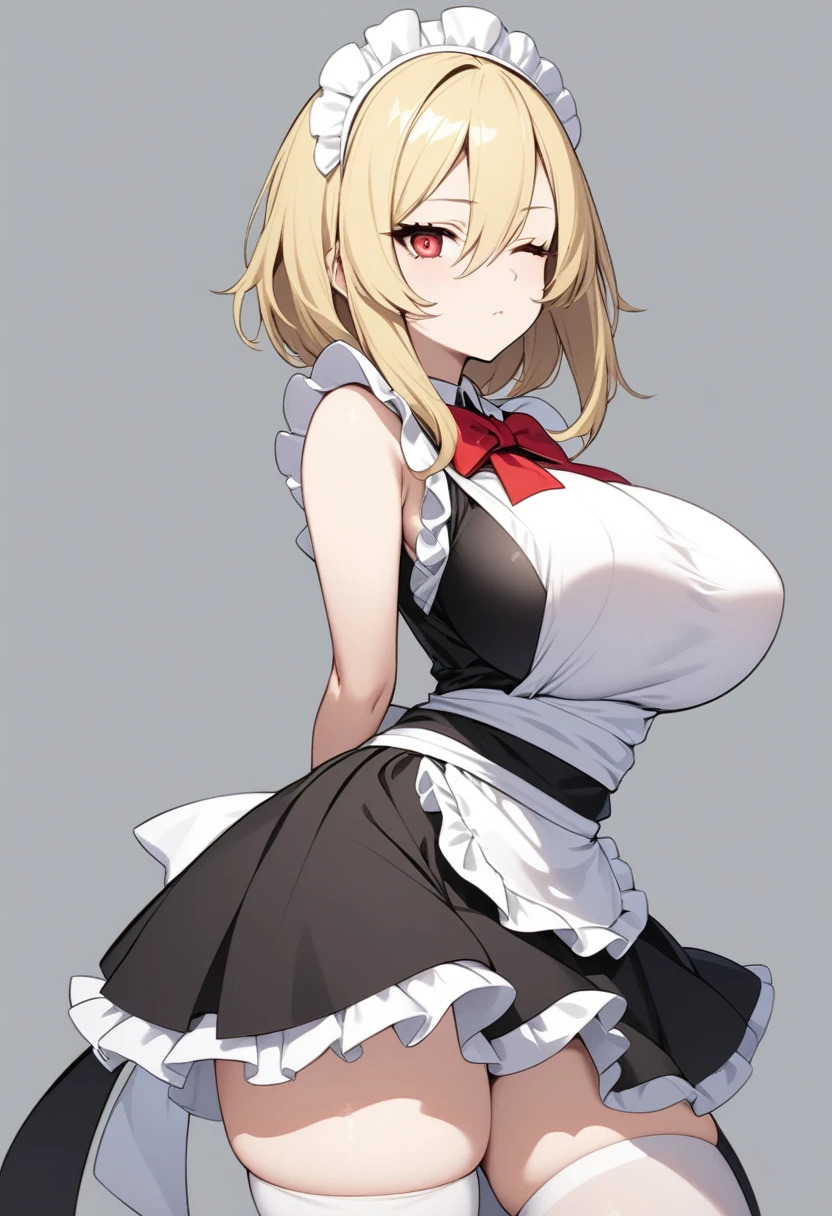 (One girl)、(bob cut)、(sidelock)、((Blonde))、(slan eyes)、（boyish）、cute、(Big super breasts)、((Chubby))、Maid、No sleeve、mini skirt、White sleeveless、thigh-high socks thighhighs、(long gloves)、hairs between eyes、(coarse hair)、[flipped hair]、red eye、expressionless、one eye closed、arm behind back、White Background、
