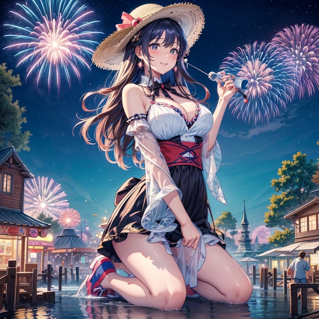masterpiece Unreal Engine Anime Style Delicate painting 4K 90's ((Night view)) ((firework)) ((Starry Sky)) giant crowd amusement park ((amusement parkに立っている巨大な黒髪の水着の女の子)) clown stuffed toy roller coaster Merry-go-round crowd Big Breasts sneakers Bikini Swimwear paola Straw hat smile female giant giant girl Whole body Destroyed skyscrapers Destroyed cars Crowd Unreal Engine,cleavage ,a drawing of a , earrings, long hair, 1980s (style) Cute picture Beauty Analog style whole body sneakers