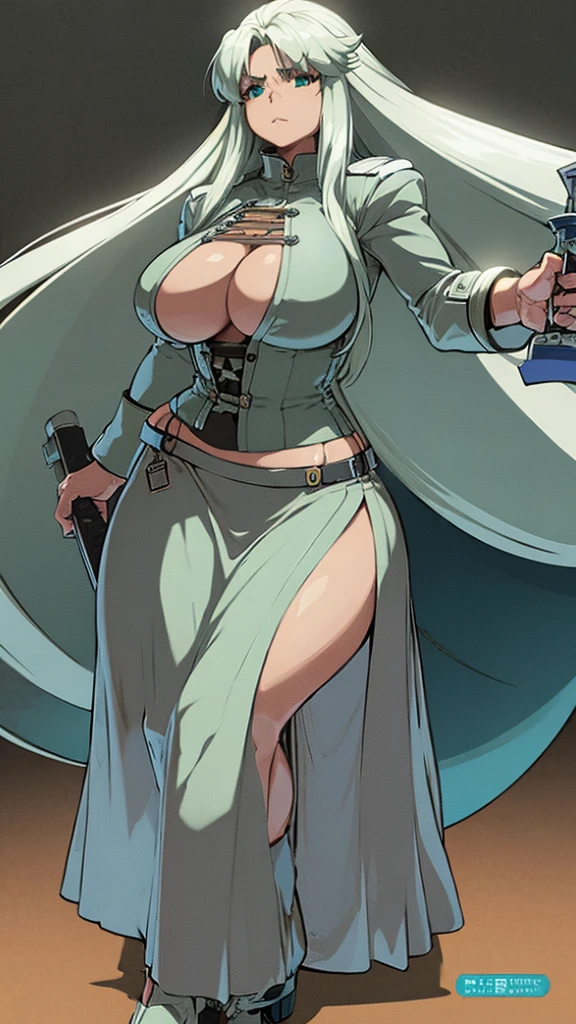 (high detailed)) 27 yo's woman, light cyan hair, green Pandora's clothes,big And round breasts, firm chunky body,angry expression,furious eyes,Green satellizer's outfit,Very long skirt, holding a mechanical handblade, perfect anatomy