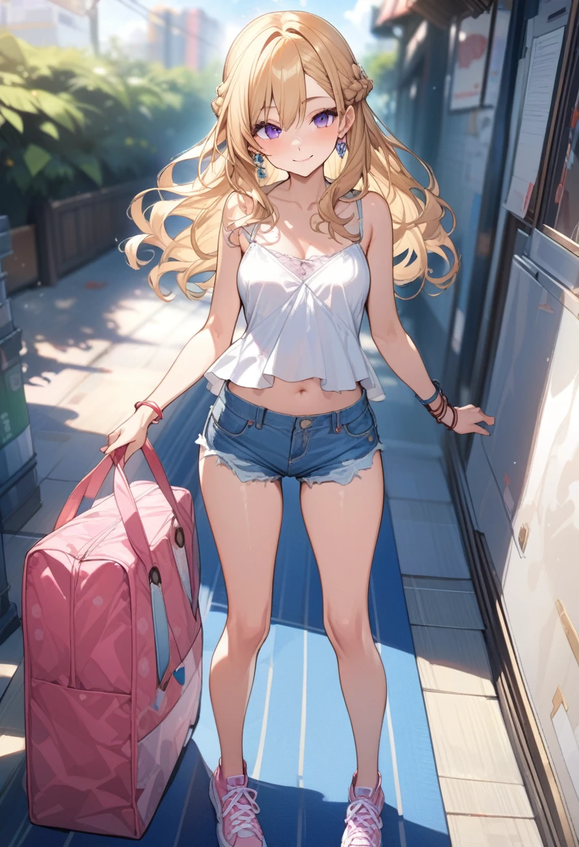 masterpiece, best quality, extremely detailed, ultra detailed, flat anime, 2D,
1girl, (young adult:1.2),blonde hair, (semi-long hair:1.2), curly hair, french braid,medium breasts, tsurime, purple eyes,earring,bracelet,height 1.7meters,
smile, pink sneaker, denim shorts, camisole, beach bag,
{{happy}}, (dynamic:1.7), (full body:1.7), outdoors, summer
