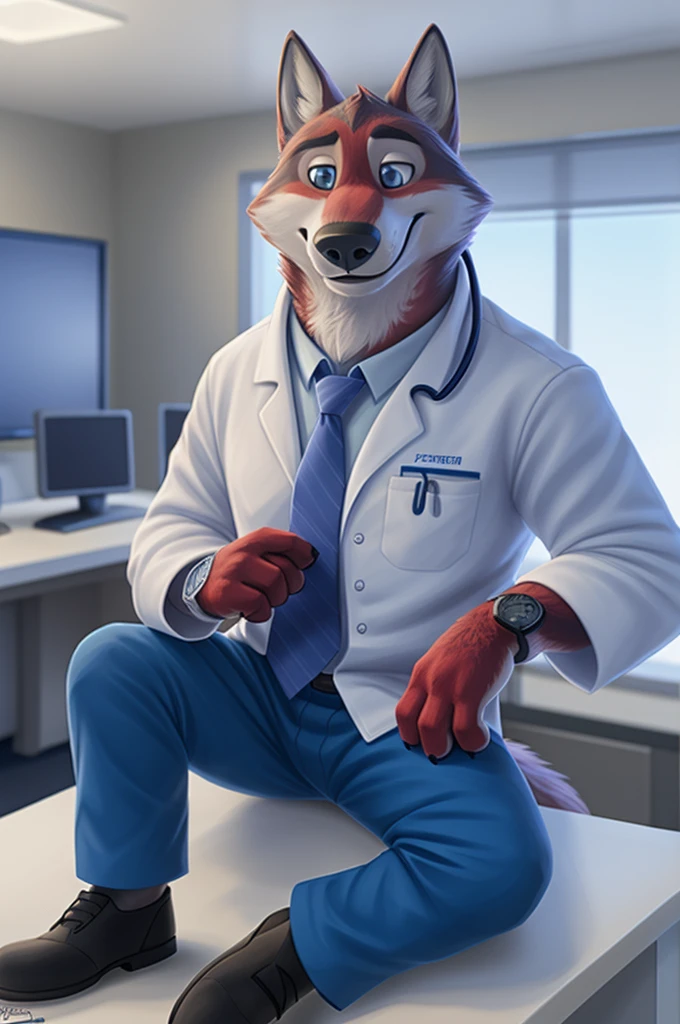 Joachim Wolfbach (Zootopia),tall handsome, wolf,young, 24 years, brown fur,(red body:1.3),Blue eyes, Moscow Dressed,red cassock, red headdress,in a white medical gown,shirt pants,shoes,tie, BLUE, stethoscope, pediatrician,canine, wolf, detailed fur, Male, antro, paw pads, finger claws,Prays, at viewer, 5 fingers, paws, 5 fingers, smile, happy, resting, wrist watch,stethoscope,looks at the monitors, т nextel, sitting in his office at home, by xenoforge, (difficult, high detail, digital, photo, soft focus, RAW, pilot by training,ulba,tender, very kind, sincere, advises, patient, детский pediatrician, 
photorealism, realistic, photorealistic, analog style, subsurface scattering, 
masterpiece, Best quality, ultra realistic, 8 K)
