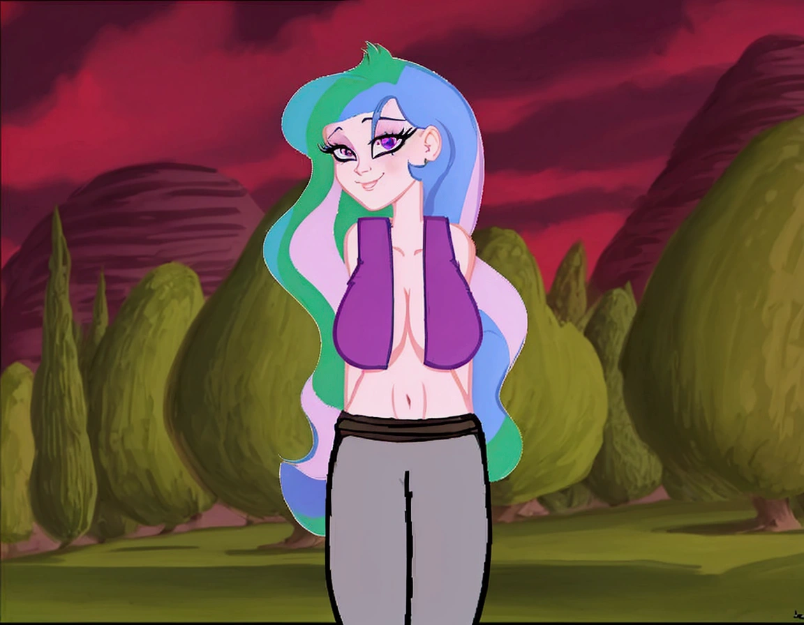 cartoon of a woman with long hair and a purple top, doing a hot majestic pose, windy mane, serpentine pose, cell shaded adult animation, she has purple hair, anthropomorphic mare, her hair is in a pony tail, furr covering her chest, she has pale blue skin!!!, dramatic smirk pose, distant full body shot, sie boob