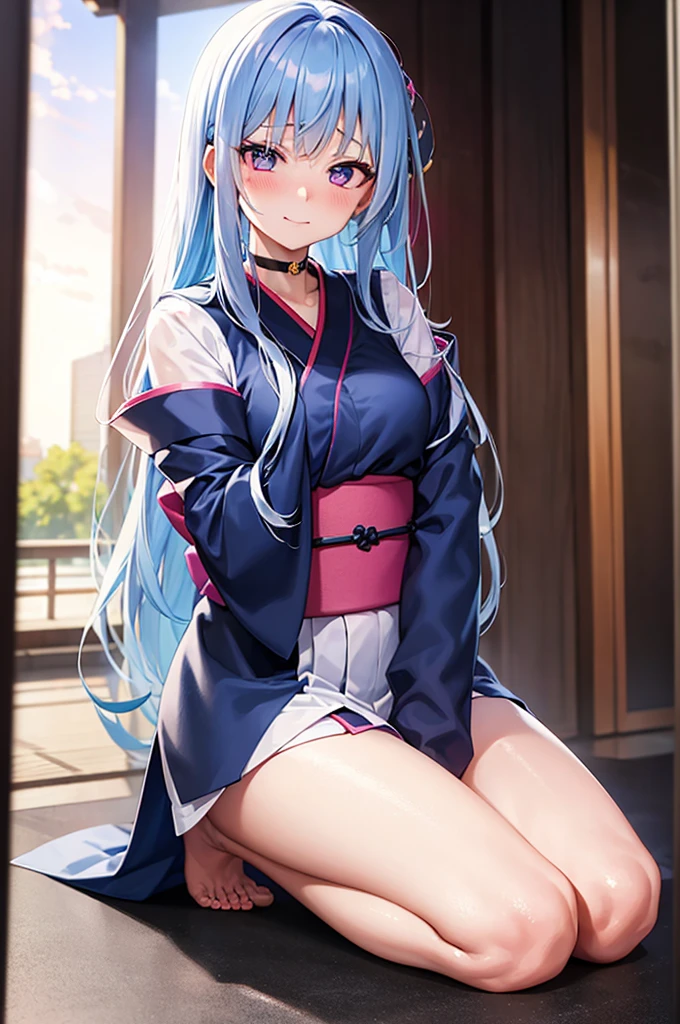 girl, Blue Hair,Pink Eyes, Long-sleeved kimono, choker, anime, Simple Background, Embarrassed expression、a troubled smile、Redness on the cheeks、Sexy pose,barefoot,Mr.々A pose