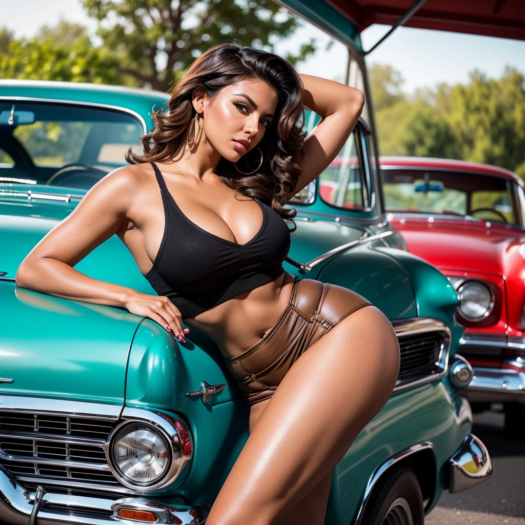 Instagram influencer, Latina female, 27 years old, athletic body, large breasts, tan skin, long wavy brown hair, (hazel eye color). a hyper-realistic photograph of a beautiful rockabilly pin-up model leaning against a hot rod car in the parking lot of a 50s-style diner, with an interesting camera angle and perspective, volumetric lighting, Depth of field, professional photo session, cinematic lighting. details Intricate, lifelike textures, dynamic pose