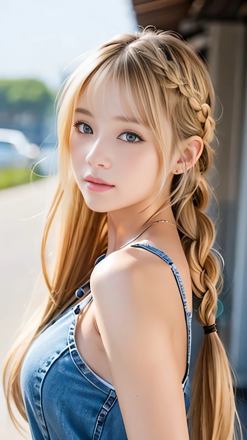 Sexy Big 、Sexy cute looks and cute 15 year old beautiful girl, beautiful and sexy face、A strong wind blows my hair in front of my face、beautiful long blonde French braided hair、beautiful, Cute and sexy eyes hidden behind long bangs