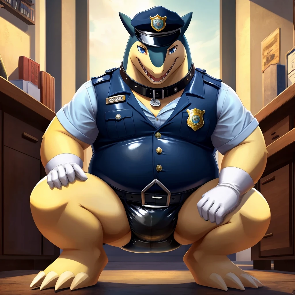 Solo, Male, fat, squatting, extremely obese, gentleman, dapper Typhlosion with a large penis and testicles, ejaculating sperm from the penis, blue eyes, (soft shading), 4k, hi res, ((detailed face, detailed)), looking at viewer, evil grin, police station, collared shirt with buttons, hat, male focus, Police Uniform, glasses, monocle, vest with buttons, sleeves rolled up, round eyewear, headwear, vest, Typhlosion is wearing a glossy leather dog collar around the neck, Typhlosion is wearing the leather collar and shirt and vest at the same time, Typhlosion is wearing glossy light-blue rubber gloves on the hands, wearing light-blue rubber gloves on the feet, gloves are rubber in texture, mouth wide open, evil laugh, clenching fists, leather collar is glossy and shiny with a lot of detail, Typhlosion is wearing gloves and leather collar at the same time, leather collar has a round dog-tag, leather collar is thick and detailed, light-blue rubber gloves on the feet, Typhlosion is wearing gloves and leather collar at the same time, leather collar has a round dog-tag, leather collar is thick and detailed, leather collar is glossy and shiny, fancy clothing, dapper vest, dapper shirt, leather collar is thick, glossy leather collar, sperm is sticky in texture.