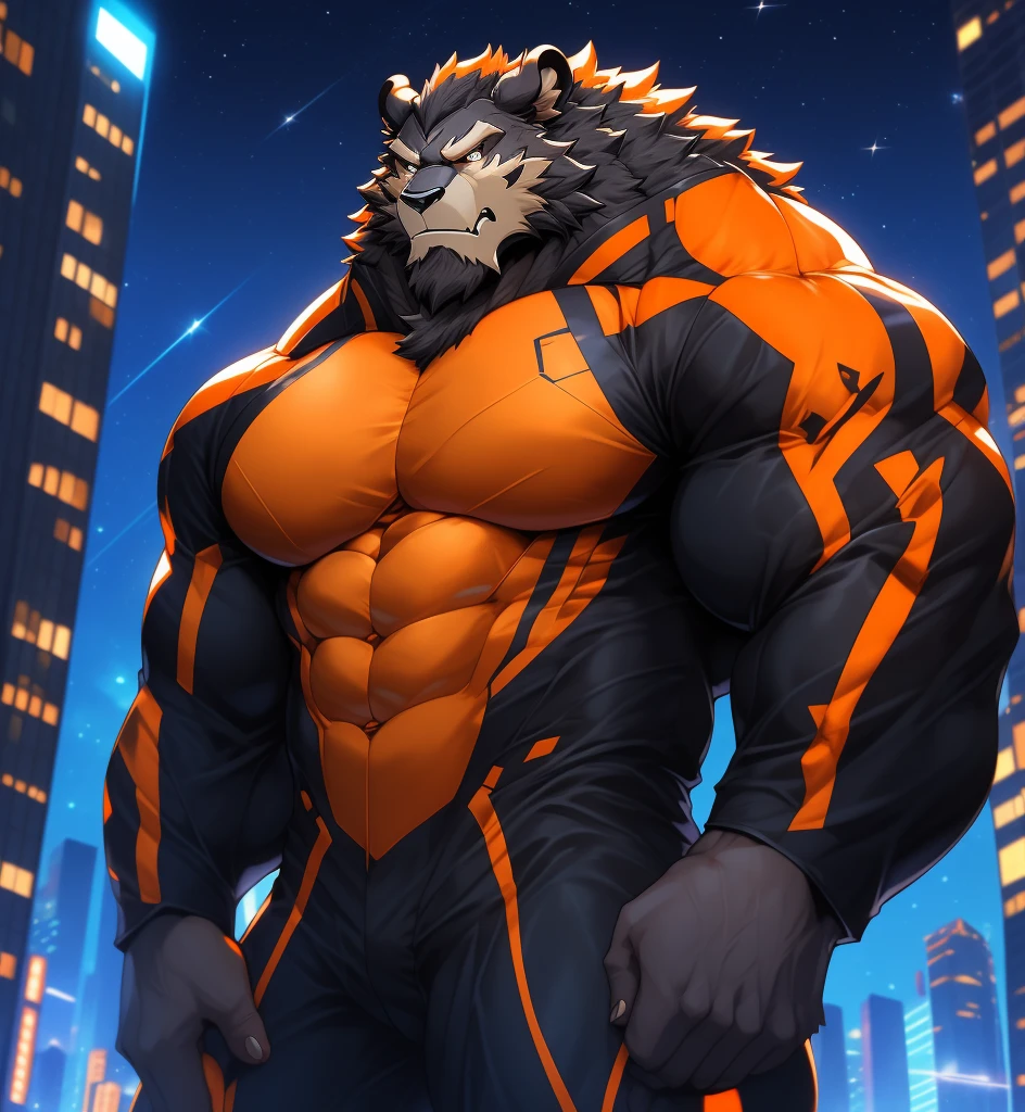 City background, skyscraper, futuristic city, night, stars, night lights, Beast from the movie Beauty and the Beast, Superhero, hero, Nadaria, massive muscles, huge pecs, chiseled ABS, huge pecs, exaggeratedly huge muscles. A furry hero whose presence inspires trust and respect. (((His hero suit is black and orange.)))