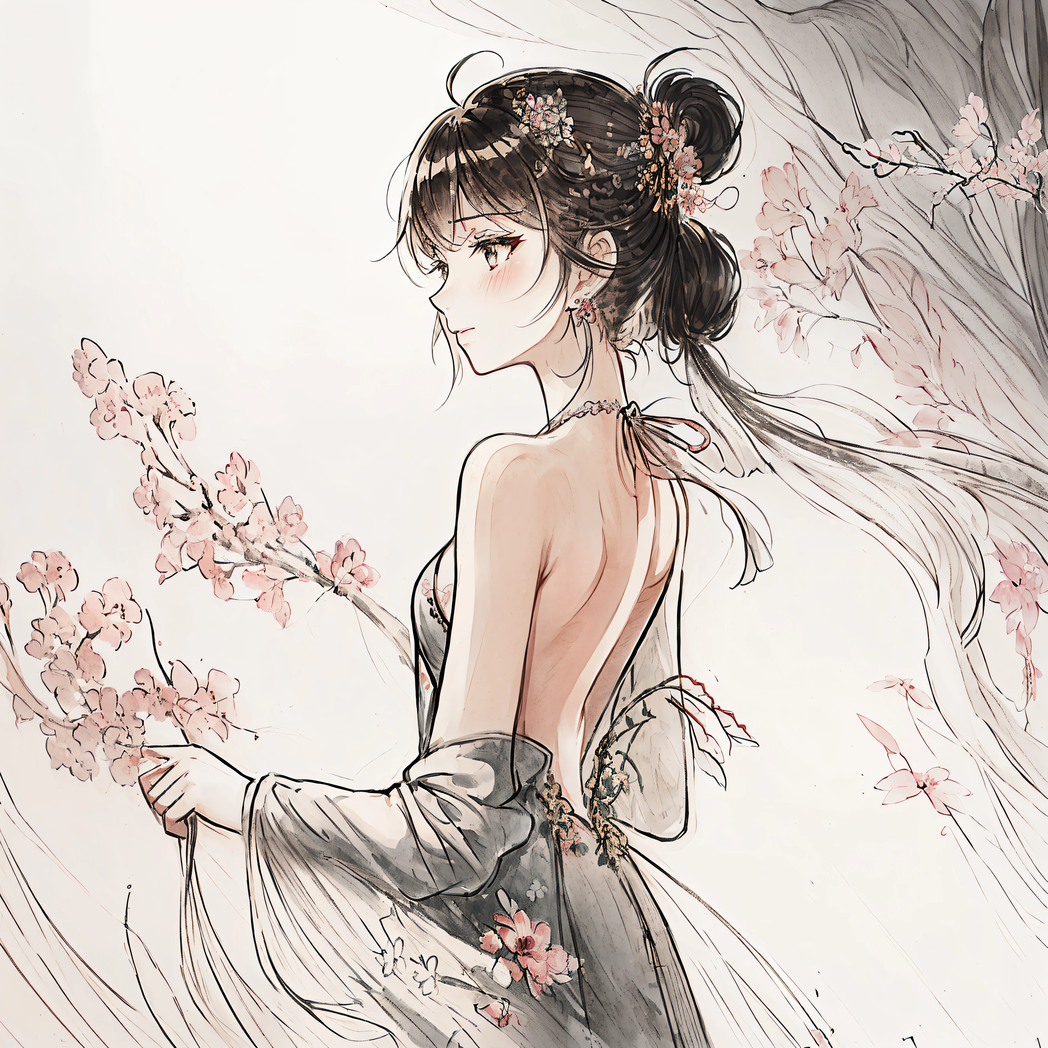 (((masterpiece))),(((best quality))),((Extremely detailed)), ((illustration)),floating, ((Extremely delicate and beautiful)),(Beautiful and delicate eyes),((Messy hair)), (),(sketch), Adult,High status， small_breast,((neck)),(((Back))),(looking Back), blush,Suspender dress, Elongated hair,Backless dress