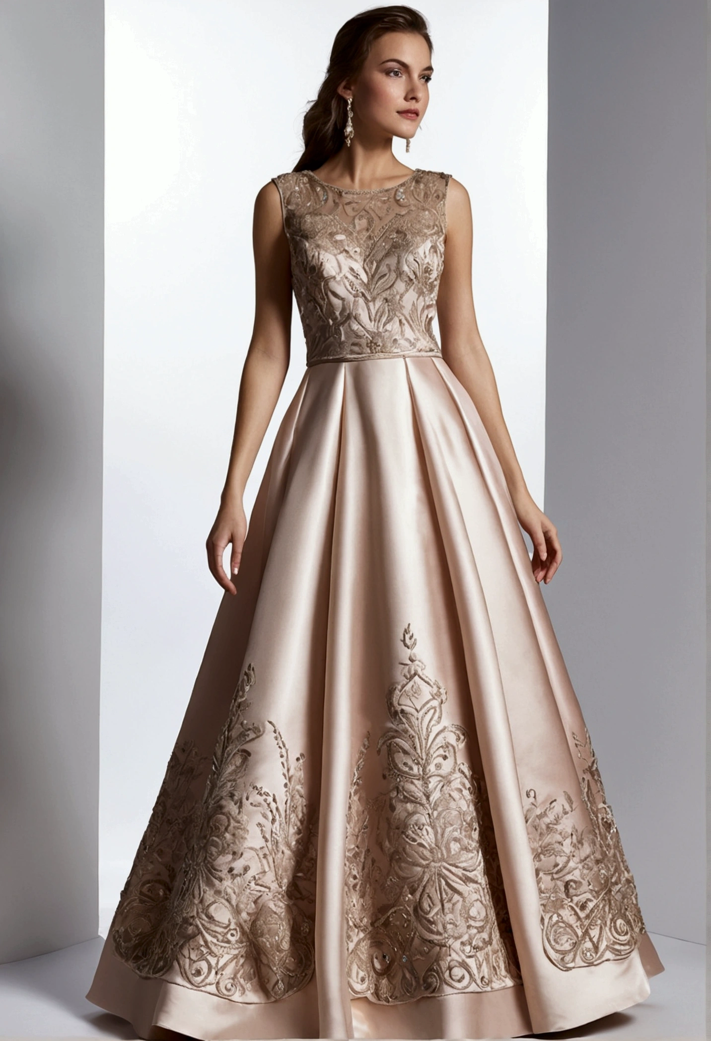 Satin evening dress with hand embroidery on the skirt