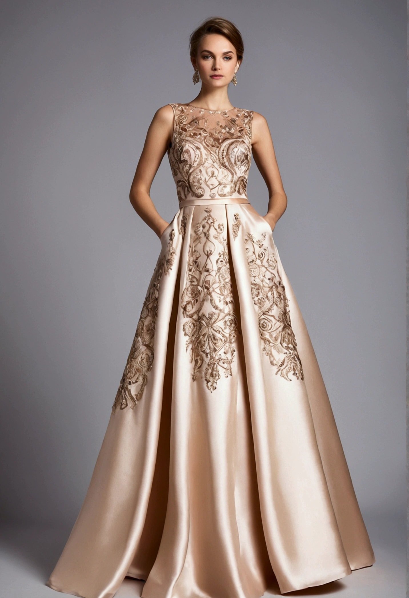 Satin evening dress with hand embroidery on the skirt