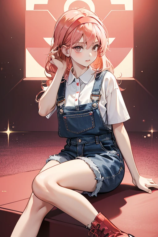 Sunny has fair skin and rosy pink cheeks, along with normal black button eyes. Her hair is bright orange with curled bangs and almost neck length hair styled down. She wears a pink bow attached to a headband on the right side of her bangs. Sunny wears an dark denim pair of short overalls over a pink and white checkerboard patterned shirt, along with tall scarlet red tennis shoe-styled boots. SPARKLE; GLITTER