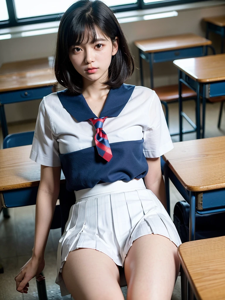 (RAW Photos, Highest quality), (Realistic, Photorealistic:1.3), masterpiece, Very delicate and beautiful, ((Soft Light)), ((Black-haired, , Bob, short hair, semi-long, Hairside lock)), Beautiful detailed girl, (Detailed fingers), Highly detailed eyes and face, Beautifully detailed nose, Beautiful attention to detail, 1 girl, (Underarm, Under the glossy Underarm),  (Japanese female junior high school student, 18-year-old), Pure beauty, cute, young, ((small, skinny, smallヒップ, Beautiful feet, skinny legs skinny knee), ((white Thighs)), (Full Body Shot:1.2, Cowboy Shot), (View your viewers), ((school uniform, Navy, blue and white checkered pleated skirt)), ((Sailor suit, Red tie, Blue Skirt)), (Short sleeve uniform white shirt), (((Thighs, Thighs丈, pure white))), Surreal school girl, Wearing white panties, ((From above: 0.8)), ((Classroom)), (Bokeh:1.2), 