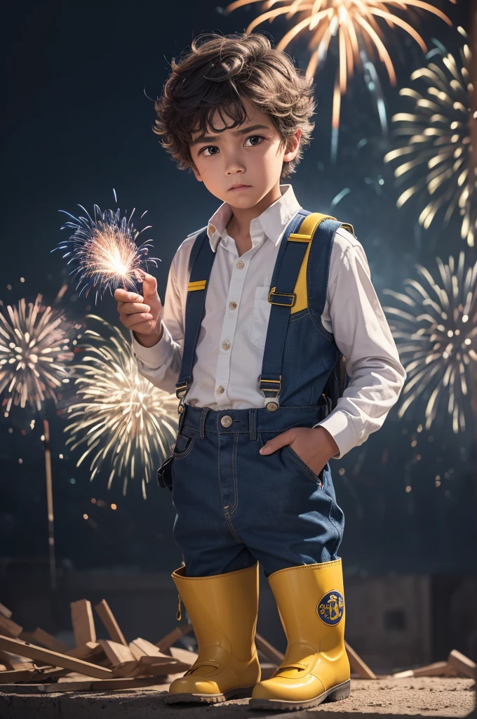 A boy with disheveled hair, Holding fireworks in hand,lit fireworks,white  shirt,Opened two buttons,The expression is serious front view image Senior man construction master with small mustache and short hair holding in his right hand with big finger up and in the other hand holding a metal trowel in blue uniform with large pocket strap, yellow boots and helmet