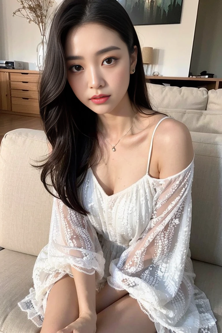 Japanese actress, early 30s, round face, delicate features, large expressive eyes, radiant smile, long straight black hair, slender figure, 160cm tall, wearing elegant black dress or white lace top, dangling earrings, natural makeup, soft lighting, studio portrait, high-quality photograph, gentle and approachable demeanor, hint of mature charm, versatile style ranging from cute to sophisticated, known for starring in Japanese TV dramas, Kasumi Arimura inspired