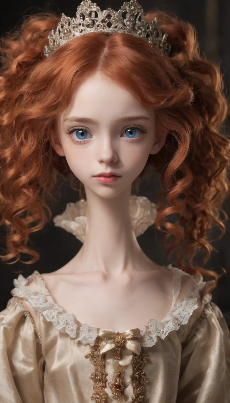In a rococo atelier、(flat!!!! tiny!!!! chest), (6!!!!! year old girl), very young extremely!!!!!! pretty!!!!!!!!! beautiful!!!!!!! face, blue eyes, pale skin, Oil painting  model, wears a royal beige queen robe, anorexic!!!!!!, emaciated!!!!!!!!!!!!!, very skinny!!!!!!, extremely skinny arms, (very short!!!!!!!!!!!!!!), tiny!!!!!. Highly detailed, 8K, short!!!!!!!!!, 1girll, boney!!!!!!, firered!!!!!! long wavy curly hair, redhead!!!!!!!!!!!! , (Perfect_Face), Convoluted, Dramatic Lighting, 4K, Detailed_Background, Caustics, from a_Side!!!!!, (eye contact!!!!!), (looking at camera!!!!!!). dark background.