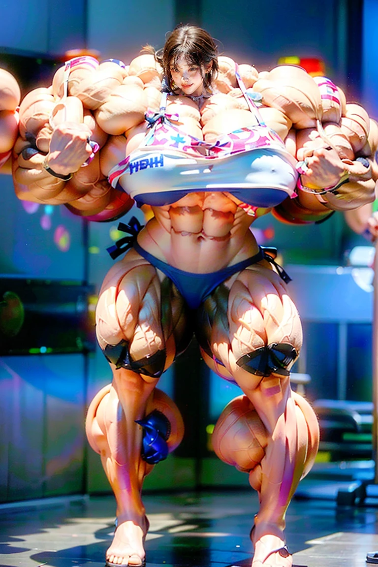 Highest quality、High resolution、Very detailed、Bright lighting、One girl、Full body photo、Black Hair、(((Short Hair)))、smile、tall、(((Big Tits)))、(((Bikini:1.2)))、(((muscular)))、(((Hyper huge Muscle:1.5)))、(((Incredibly large muscles:1.5)))、(((Extremely large muscles:1.5)))、huge、(((Huge body)))、((Long legs))、(((very thick paws)))、(((Expanding Body)))、(((Huge body)))、(((An immeasurably large body:1.2)))、(((Very small face)))、(((Unusually developed super huge breasts:1.2)))、(((Super Heavy Muscle:1.2)))、(((Hyper Heavyweight Muscle:1.2)))、(((Super huge body:1.2)))、(((Unreasonably small face:1.2)))、(((An extraordinary large body:1.2)))