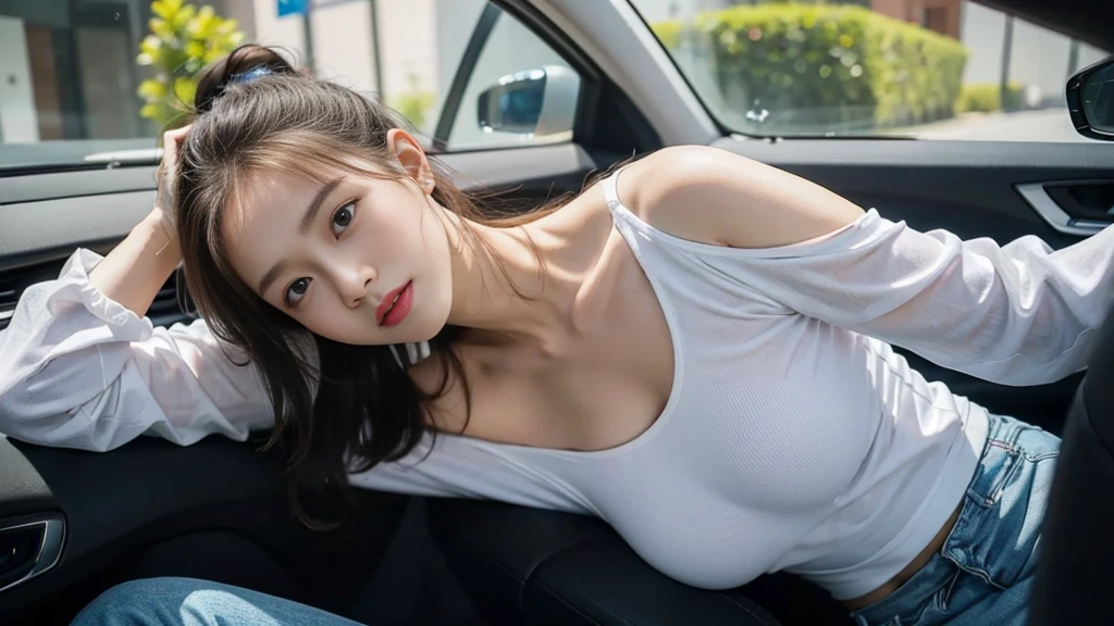 ((huge breasts 아래)), (Straight shoulder-length hair: 1.2), black hair,short ponytail，upper body, （very detailed CG 8k 벽지），（Incredibly stylish and beautiful..），（masterpiece），（best quality：1.0），（초high resolution：1.0），A beautiful light came in，Perfect 번개，Realistic Shading，[high resolution]，smooth, Perfect, fair skin，Very exquisite facial details，（Perfect 몸：1.1），very detailed，Beautiful girl，small head，(huge breasts:1.1)，attractive collarbone，Towering box，split，chubby body type，big ass，thick thighs，thick arms，laugh，jollity，（white collar long sleeve shirt:1.1），（blue shorts：1.1），white sneakers，summer，morning，Sitting in a spacious private car，Female drivers，chest of steering wheel，Driving a car，wearing glasses, expect，enlargement，