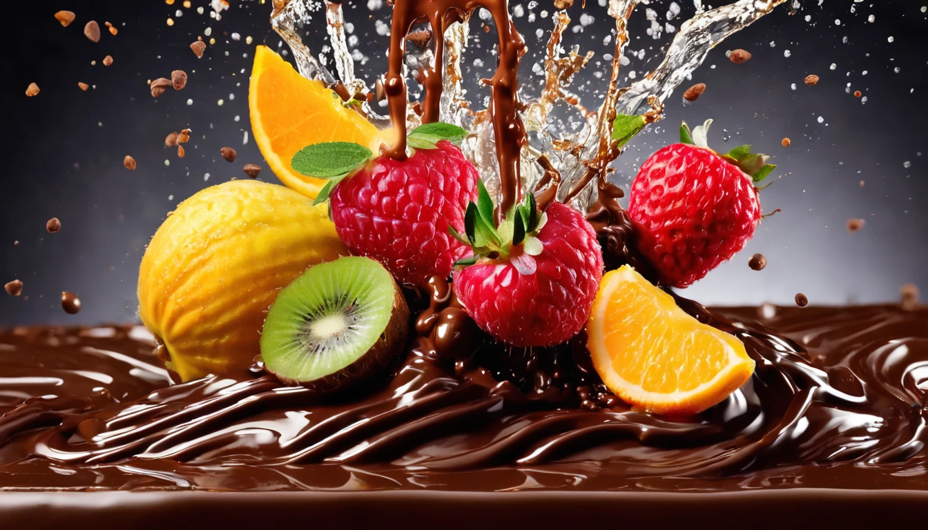 a picture of fruits splashing into chocolate like in a commercial
