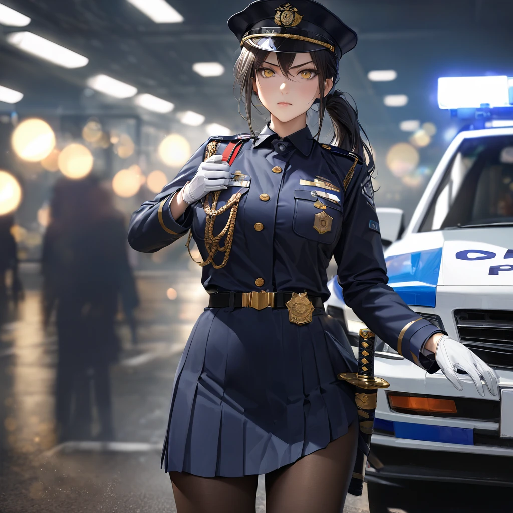 A woman wearing a navy blue Japanese police uniform, large breasts, navy blue skirt, black tights, black heels, navy blue military hat with gold details, wearing sunglasses, serious face, white gloves, with medals on her uniform, standing , in a car park next door with a police car, well detailed car, katana on the waist, black hair, long hair, ponytail hair, yellow eyes..closve view,,(solo woman) ,UHD , prime work , accurate , anatomically correct , textured skin , super details , high quality , best quality, 8k, high resolution, bokeh effect, realistic
