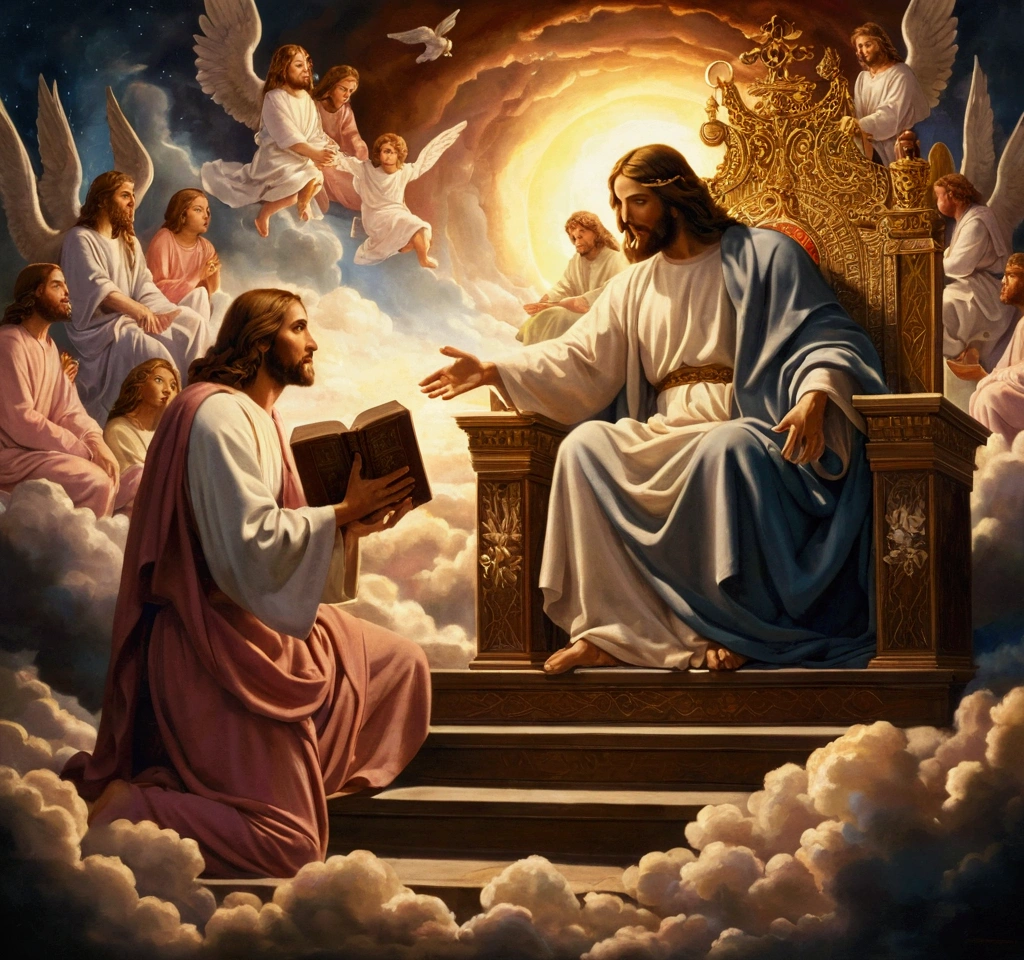 painting of jesus sitting on a throne with angels surrounding him, sat in his throne, bible illustration, biblical painting, religious painting, epic biblical depiction, biblical art, catholic religious art, divine realm of gods, christian art, beautiful depiction, heaven on earth, religious art, by Hristofor Žefarović, by Arthur Pan, sitting on his throne